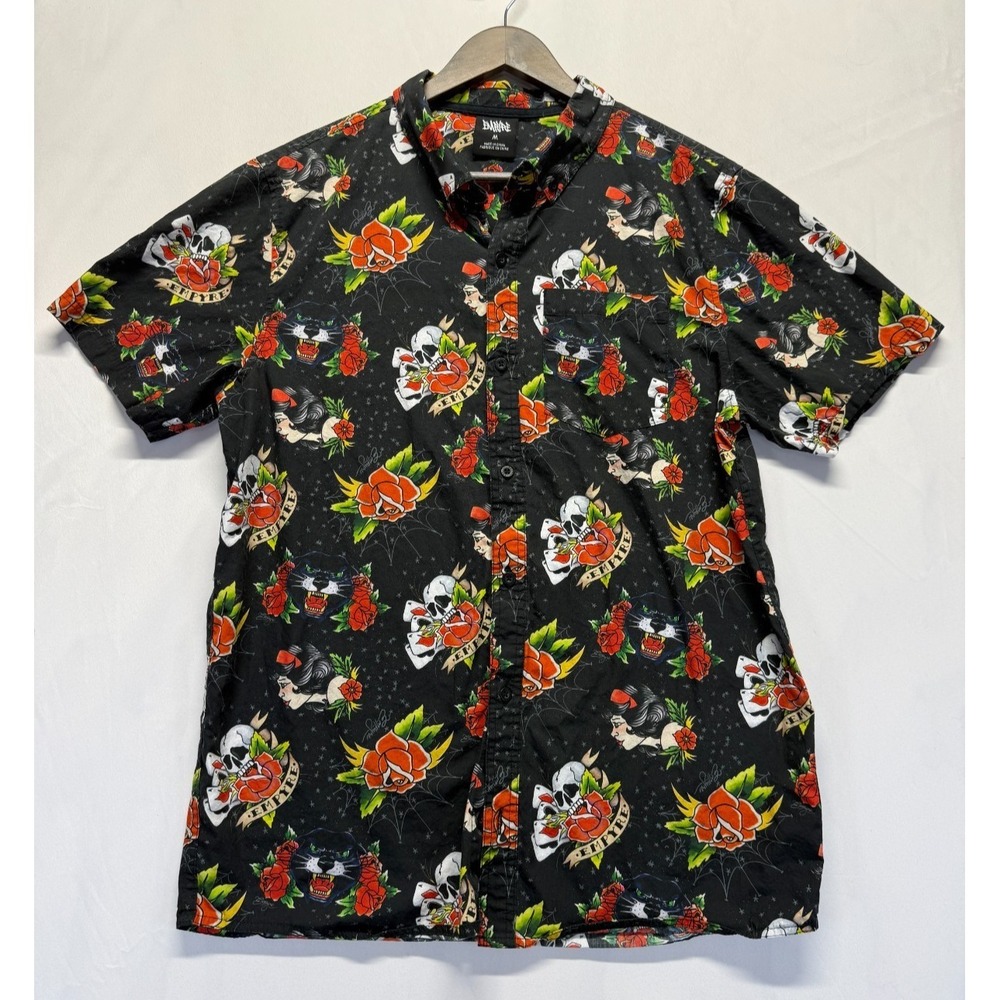 Empyre Otto Tattoo Rose Shirt Mens Medium Black Skull Panther AOP‎ Button Down
